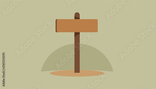Simple blank wooden signpost is planted on a small green hill against a pale greyish green background.