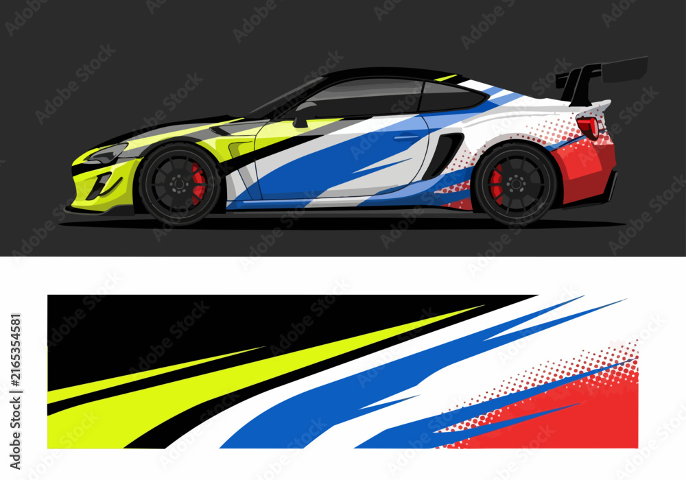 Fototapeta premium Colorful sports car with racing decals and spoiler