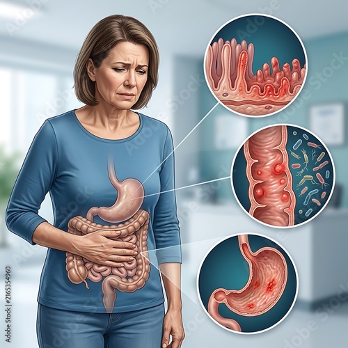A woman experiencing abdominal pain with medical illustrations showing gastrointestinal inflammation, intestinal bacteria, and stomach ulcers