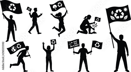 Group of People Holding Recycling and Save Planet Flags Silhouette Set for Environmental Awareness Design