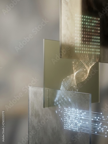 Sequential data custody governance concept with structured digital flow across three frosted mineral layers and clean copy space