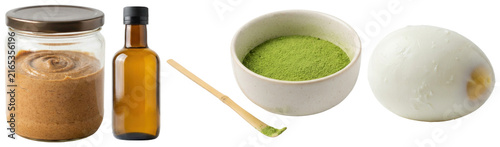 Quadro su tela A curated set of protein-rich and functional food ingredients including oil, matcha, egg, and almond butter