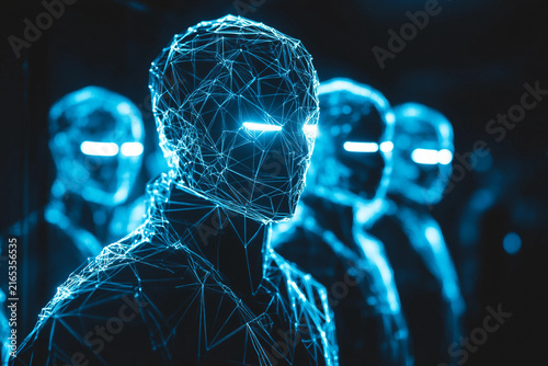 Generative AI futuristic abstract artwork of glowing human silhouettes made of light and digital wireframe