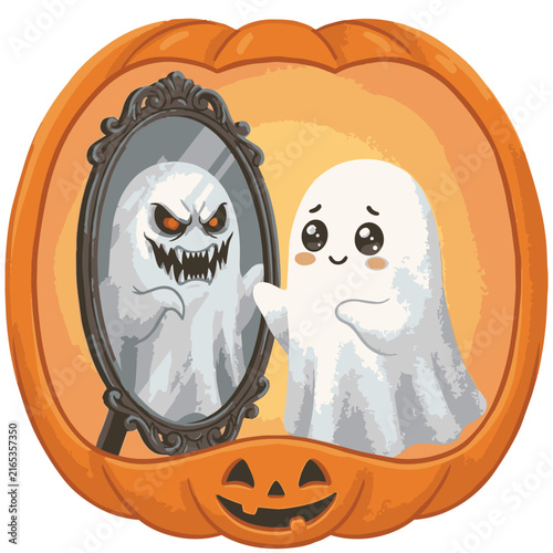 A cute, friendly ghost looking into a mirror and seeing a scary ghost reflection. A pumpkin frame surrounds the image, perfect for Halloween