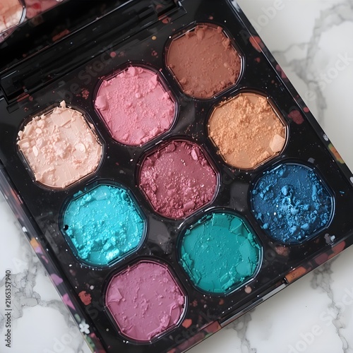 Closup of eye shadows palette cosmetic accessories beauty essentials