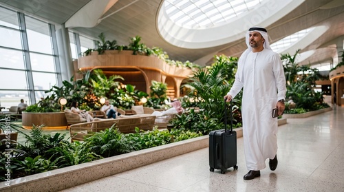 Modern Traveler's Oasis: A distinguished man in traditional attire walks through a contemporary airport terminal, pulling a suitcase, surrounded by lush indoor plants and elegant seating areas.