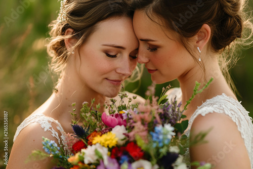 Generative AI image of lesbian wedding showing same sex love between two brides under floral arch outdoors