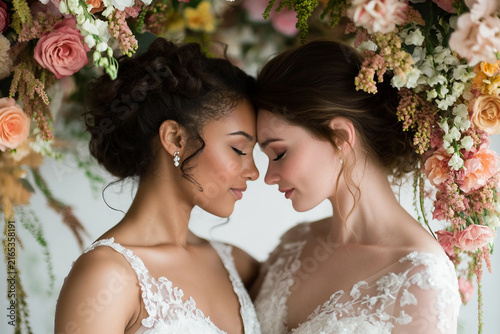 Generative AI image of lesbian wedding showing same sex love between two brides under floral arch outdoors