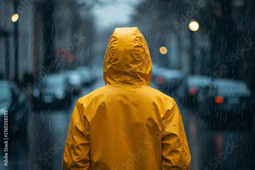 Generative AI image of solitary person walking alone in rain urban city park street