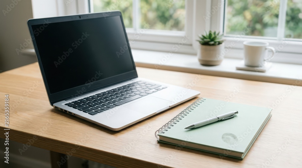 Fototapeta premium Open laptop placed on wooden desk with spiral notebook and black pen alongside small succulent plant and ceramic coffee mug near window for productive remote work home environment.
