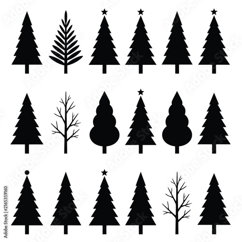 さまざまな黒いシルエットのクリスマス ツリーと森のコレクション