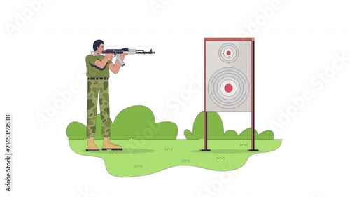 Military shooting training at target range cartoon animation. Firearm handling. Soldier practicing rifle marksmanship outdoor animated flat 2D character 4K video on transparent white background