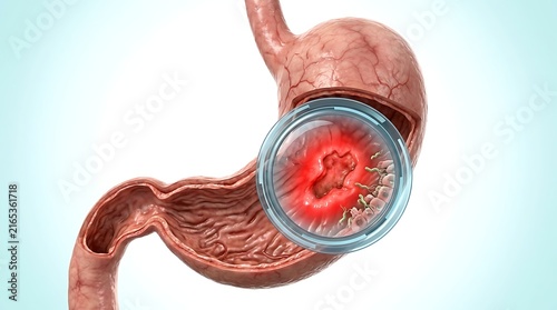 3d medical illustration of a human stomach with a peptic ulcer and helicobacter pylori bacteria infection, showing inflammation and tissue damage in the stomach lining