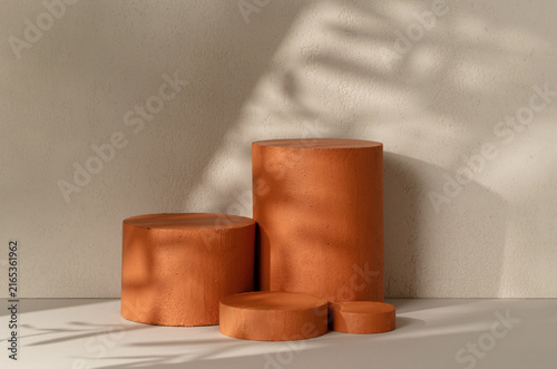 Cosmetic Product Presentatin Scene made with Four Terracotta Cylinder Podiums with Dramatic Leaf Shadow on Beige Background