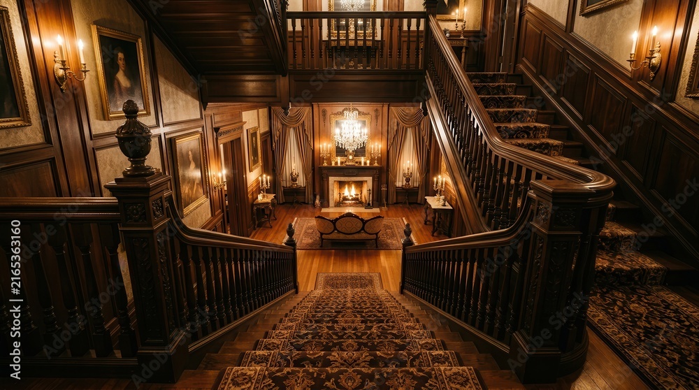 Fototapeta premium Grand Foyer Staircase: An opulent grand staircase in a stately mansion, featuring dark wood railings, plush carpeted steps, and ornate decorative elements, leading up to the upper floors with a warm.