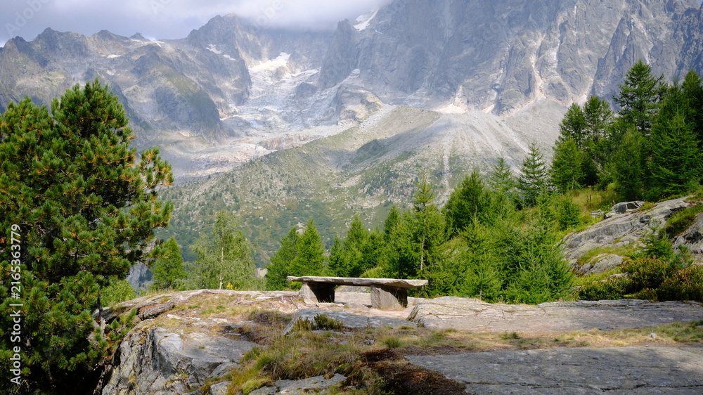 Naklejka premium Banc en pierre face à un paysage alpin composé de conifères, de sommets rocheux et d’un glacier partiellement couvert par les nuages à Chamonix-Mont-Blanc, dans les Alpes françaises.