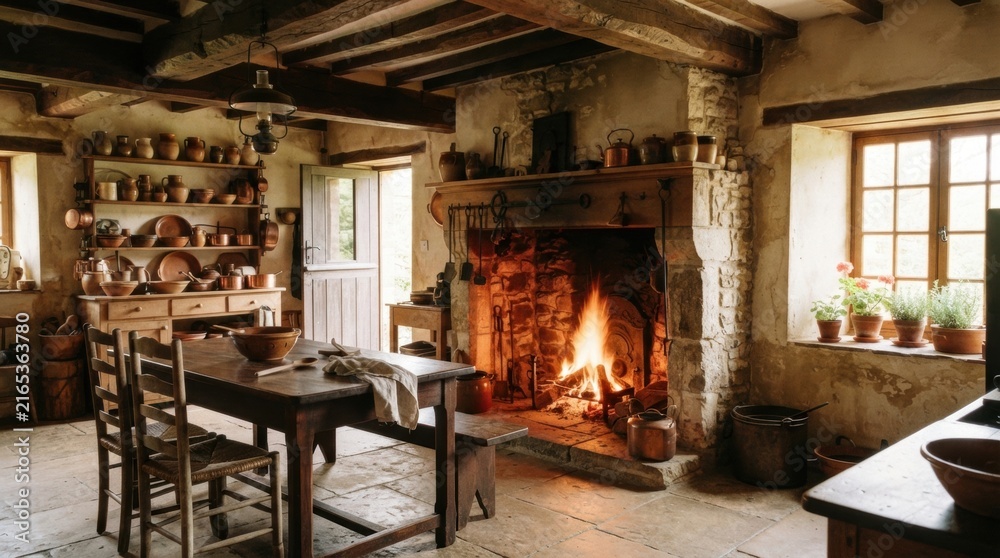 Fototapeta premium Rustic Kitchen Warmth: A cozy, rustic kitchen radiates warmth with a crackling fireplace and antique furnishings, evoking a sense of historical charm and comfort.