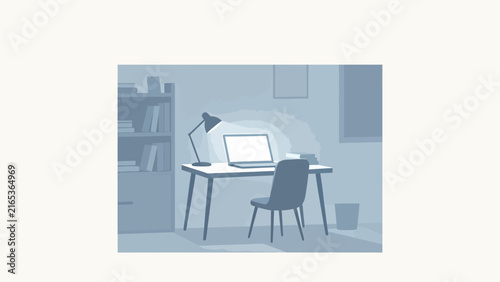 Serene minimalist home office illustration with blue monochromatic palette, laptop desk setup, and ambient