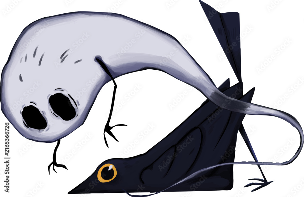 Obraz premium Spooky cute white ghost and black crow character illustration isolated on white background for Halloween