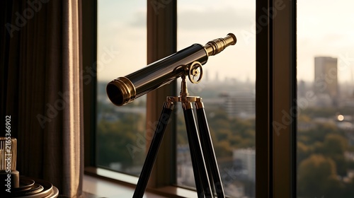 A vintage telescope on a tr stands by a large window overlooking a cityscape during golden hour