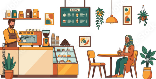 Modern Coffee Shop Interior with Barista and Customer