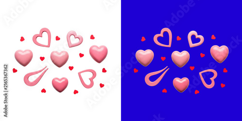 Pink hearts and red heart shapes arranged in a creative pattern