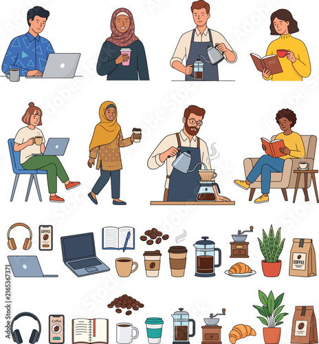 Diverse Cafe Characters and Coffee Equipment Elements Set