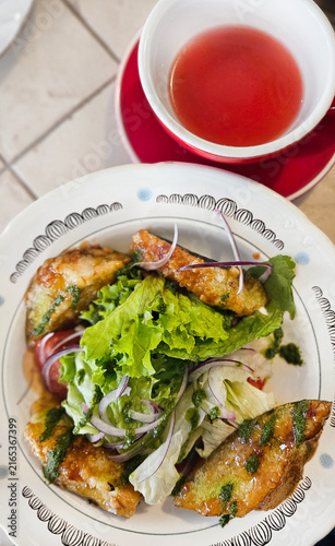 Eggplant salad and tea