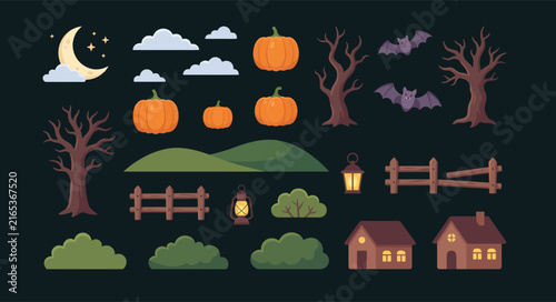 Spooky Halloween Night Landscape and House Elements
