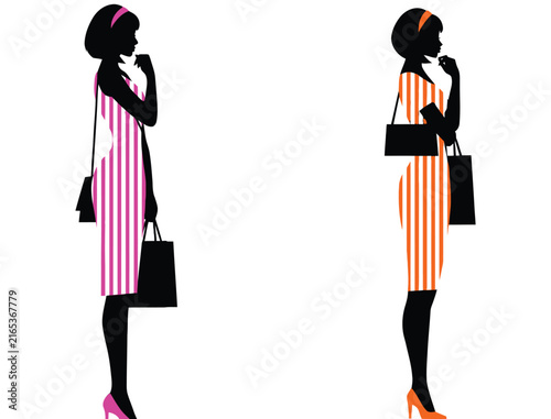 Elegant female silhouettes shopping with bags and striped dresses