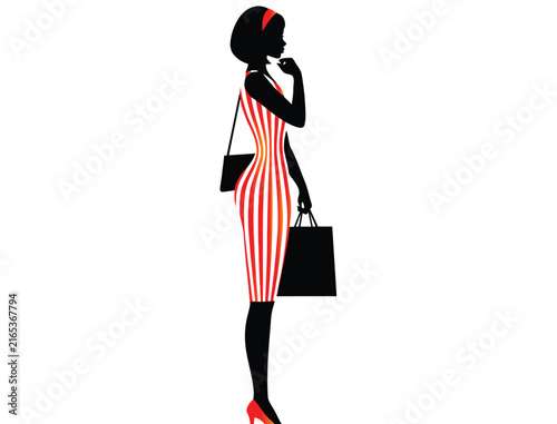 Elegant woman silhouette in striped dress holding shopping bags