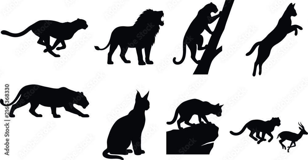 Obraz premium Wild Cat Species and Big Cats Solid Black Silhouette Vector Icon Set Isolated White Background
