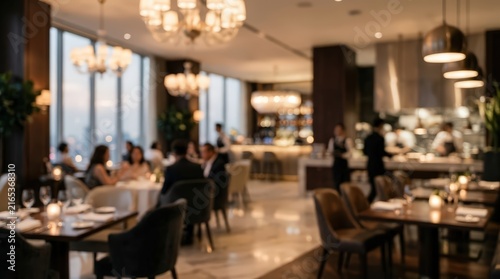 Upscale restaurant interior with blurred diners enjoying dinner service. Soft ambient lighting illuminates the dining room while staff members attend to guests in a high-end atmosphere.