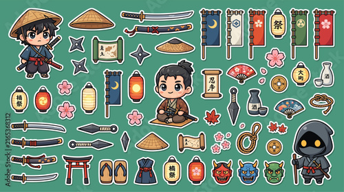 Cute Japanese Samurai Ninja Characters and Culture Icons