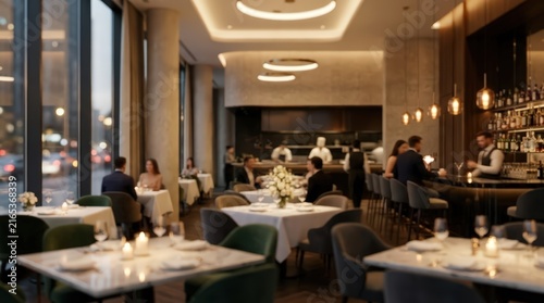 Upscale restaurant interior with blurred patrons dining at tables and a bartender working behind the bar. Warm ambient lighting illuminates the elegant dining room setting.