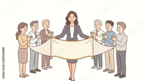 Business team celebrating success with applause and a banner presentation