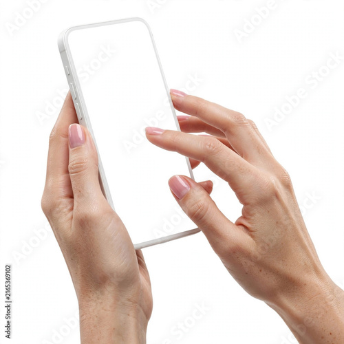 Woman hands holding white smartphone touching screen isolated on white background,3D render,