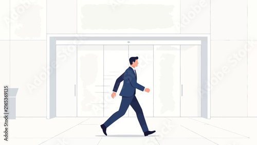 Professional businessman in blue suit walking purposefully through modern office lobby entrance