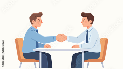 Two men in business attire shaking hands across a white table, flat vector illustration style.
