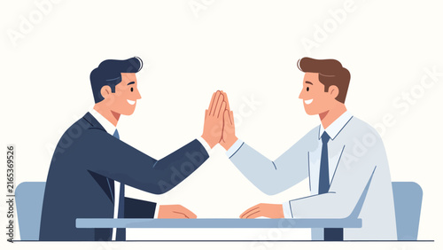 Business Professionals High-Fiving in Office Meeting, Flat Vector Illustration with Blue and White Palette