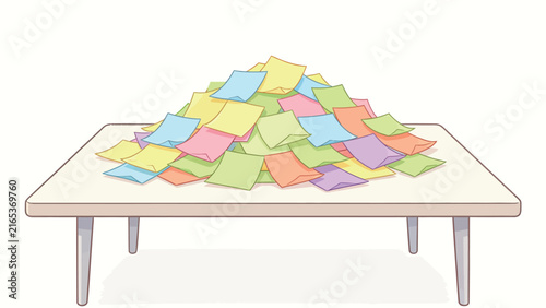 Vibrant pile of colorful sticky notes stacked high on a white desk surface in soft pastel tones.