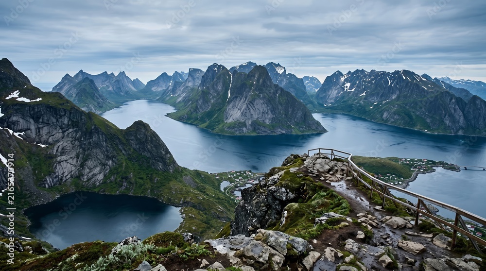 Obraz premium Scandinavian Fjords Elevated Overlook with Layered Mountain Scenery