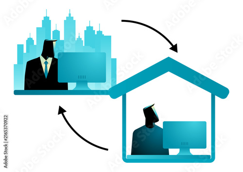 Remote work and hybrid workplace concept with businessman working from office and home