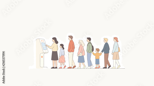 Minimalist illustration of diverse people queuing at a modern self-service kiosk in soft pastel tones