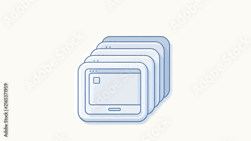 Five stacked white tablet icons with blue outlines and rounded corners in minimalist tech illustration style