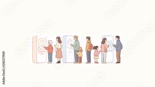 Flat illustration of diverse people using modern self-service kiosks in a clean minimalist style