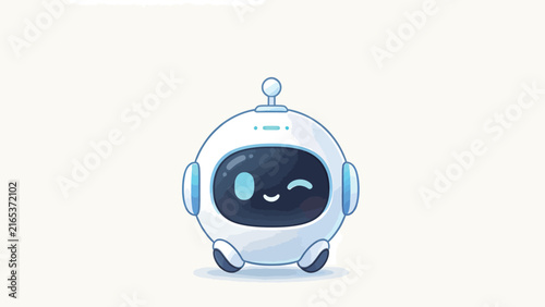 Cute minimalist robot with winking face, soft blue and white palette, friendly cartoon style