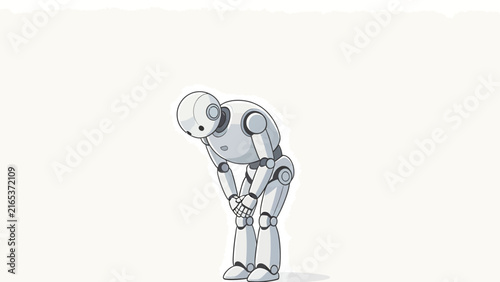 Sad White Cartoon Robot Bending Over with Hands on Knees, Depressed Mood