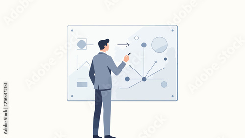 Businessman in grey suit drawing charts and diagrams on a glass whiteboard using a marker pen.