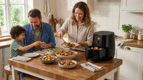 Couple Enjoying a Healthy Meal Prepared with an Air Fryer in a Modern Kitchen